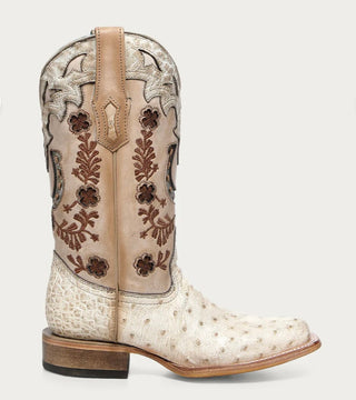 WOMEN'S FLORAL AND HORSE-SHOE EMBROIDERY, WOVEN AND OVERLAY COWHIDE AND OSTRICH SQUARE TOE (Ivory)-A4850