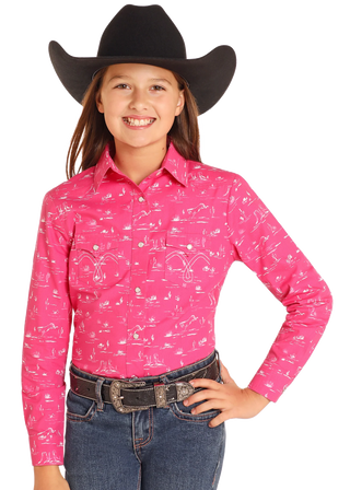 Panhandle Slim Girl's Desert Print Snap Shirt (Hot Pink) LGN2S04974