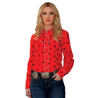 Cruel Denim Ladies Red Bucking Horse Western Snap Button Shirt- CTW7483002 RED