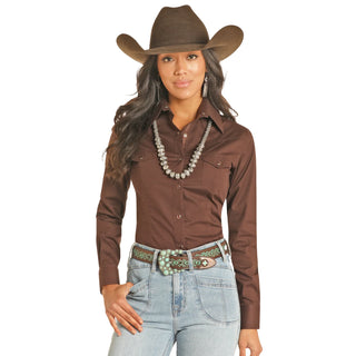Panhandle Ladies Solid Poplin Dark Brown Snap Shirt-PWN2S04830