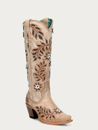 WOMEN'S STRAW LASER, FLOWERS AND BIRDS INLAY AND CRYSTALS TALL TOP SNIP TOE COWBOY BOOT-Z5429