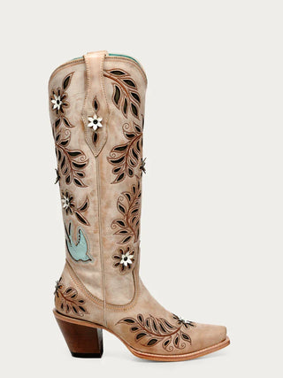 WOMEN'S STRAW LASER, FLOWERS AND BIRDS INLAY AND CRYSTALS TALL TOP SNIP TOE COWBOY BOOT-Z5429