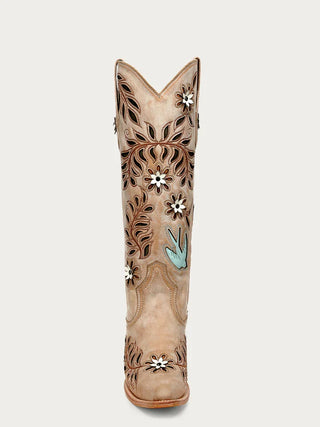 WOMEN'S STRAW LASER, FLOWERS AND BIRDS INLAY AND CRYSTALS TALL TOP SNIP TOE COWBOY BOOT-Z5429