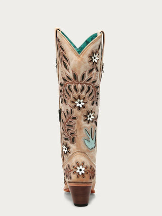 WOMEN'S STRAW LASER, FLOWERS AND BIRDS INLAY AND CRYSTALS TALL TOP SNIP TOE COWBOY BOOT-Z5429