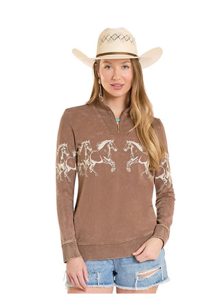 Panhandle Slim Women’s Horse Border Long Sleeve 1/4 Zip Top- LW91T08442