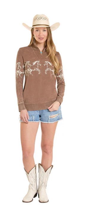 Panhandle Slim Women’s Horse Border Long Sleeve 1/4 Zip Top- LW91T08442