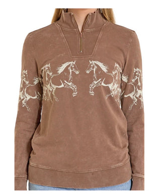 Panhandle Slim Women’s Horse Border Long Sleeve 1/4 Zip Top- LW91T08442