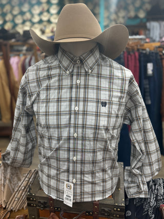 Cinch Men's Long Sleeve Cream Plaid Button Down Shirt(Cream)MTW1106145
