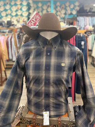 Cinch Men's Navy Plaid Printed Long Sleeve Button Down Shirt(Navy)MTW1106148