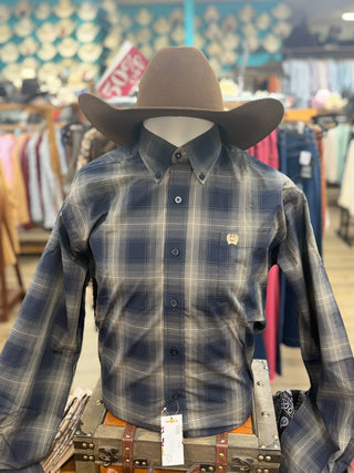 Cinch Men's Navy Plaid Printed Long Sleeve Button Down Shirt(Navy)MTW1106148