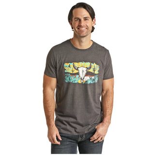 Rock& Roll Unisex Bull Skull Cactus Graphic T-Shirt (Charcoal)-RRUT21R062