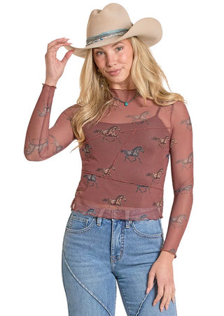 Rock&Roll Horse Print Mesh Shirt(Rust)-BW22T08090