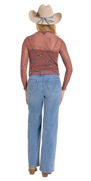 Rock&Roll Horse Print Mesh Shirt(Rust)-BW22T08090