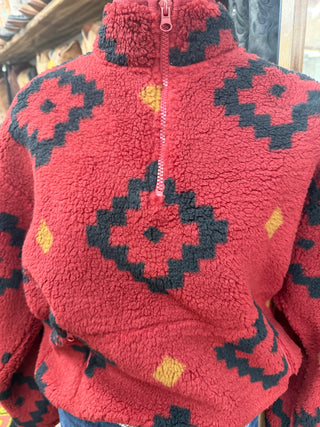 Rock &Roll Diamond Aztec Sherpa Sweatshirt (Red)BW91C10000