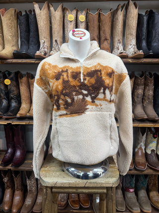 Rock&Roll Denim Sherpa Horses Pullover (Natural) BW91C09999