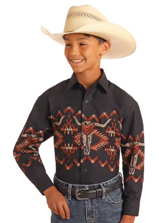 Panhandle Slim Skull Border LS Shirt (Black) SBN2S06048