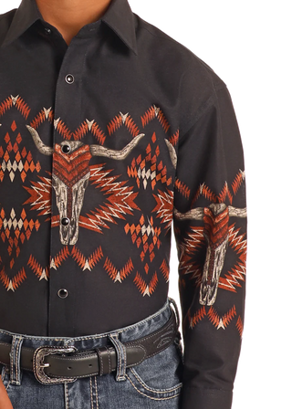 Panhandle Slim Skull Border LS Shirt (Black) SBN2S06048