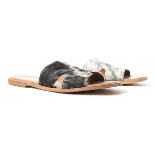 MYRA DALEENA ANNE LEATHER SLIDE SANDALS FOR WOMEN – WESTERN STYLE OPEN-TOE FLATS WITH NATURAL HAIRON PATTERN(S-11973)