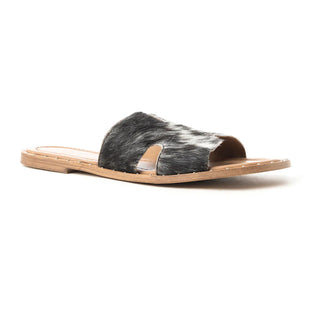 MYRA DALEENA ANNE LEATHER SLIDE SANDALS FOR WOMEN – WESTERN STYLE OPEN-TOE FLATS WITH NATURAL HAIRON PATTERN(S-11973)