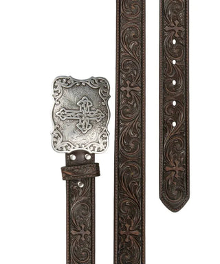 Nocona Ladies Brown Tooled Floral & Cross Western Belt -N3483802