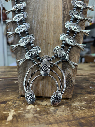 Western Metal Squash Blossom Navajo Bead Necklace Set