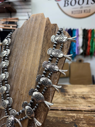 Western Metal Squash Blossom Navajo Bead Necklace Set