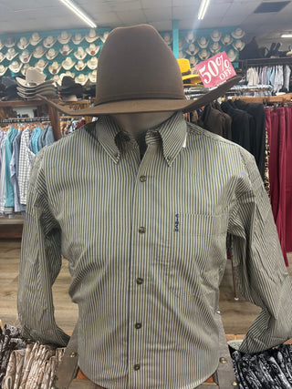 Mens Cinch Modern Fit L/S Stripe Button Down(Olive)-MTW1347162