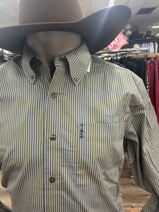 Mens Cinch Modern Fit L/S Stripe Button Down(Olive)-MTW1347162