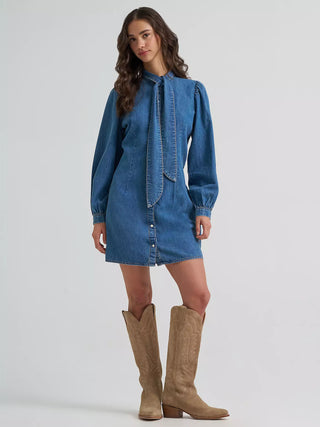 Women’s Wrangler Denim Tie Neck Snap Dress (Blue) 112385430