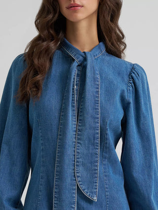 Women’s Wrangler Denim Tie Neck Snap Dress (Blue) 112385430