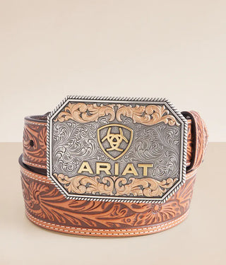 Ariat Floral Embossed Tan Belt with Ariat Square Buckle
