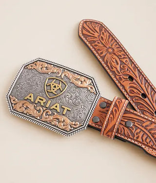 Ariat Floral Embossed Tan Belt with Ariat Square Buckle