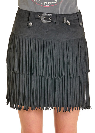 Rock & Roll Denim Fringe Microsuede Skirt – Black