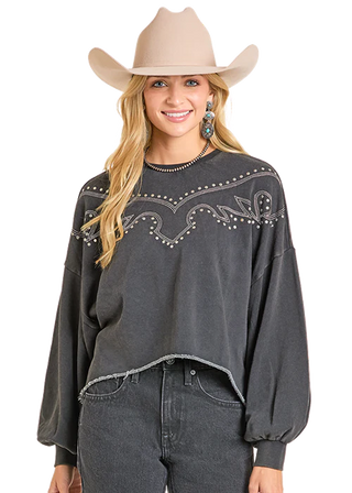 ROCK & ROLL COWGIRL BLACK EMBROIDERED SWEATER BW91T06995