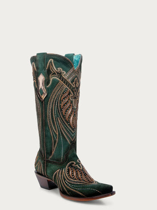 WOMEN'S OVERLAY EMBROIDERY AND STUDS GREEN SNIP TOE COWBOY BOOTS A4714