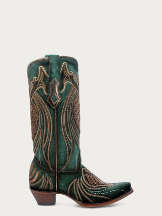 WOMEN'S OVERLAY EMBROIDERY AND STUDS GREEN SNIP TOE COWBOY BOOTS A4714