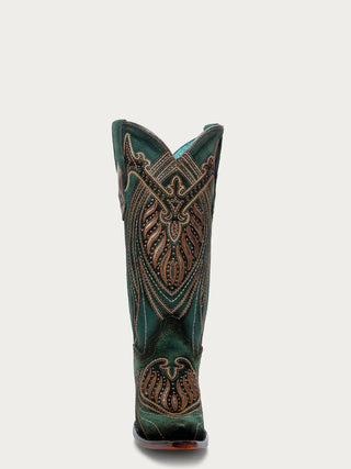 WOMEN'S OVERLAY EMBROIDERY AND STUDS GREEN SNIP TOE COWBOY BOOTS A4714
