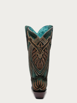WOMEN'S OVERLAY EMBROIDERY AND STUDS GREEN SNIP TOE COWBOY BOOTS A4714