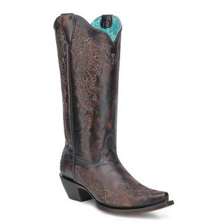 WOMEN'S FLORAL EMBROIDERY BLACK AND HONEY SNIP TOE COWBOY BOOT -A4801
