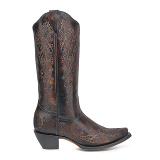 WOMEN'S FLORAL EMBROIDERY BLACK AND HONEY SNIP TOE COWBOY BOOT -A4801