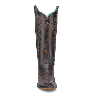 WOMEN'S FLORAL EMBROIDERY BLACK AND HONEY SNIP TOE COWBOY BOOT -A4801