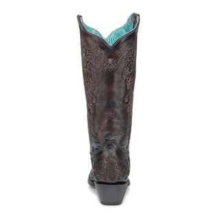 WOMEN'S FLORAL EMBROIDERY BLACK AND HONEY SNIP TOE COWBOY BOOT -A4801