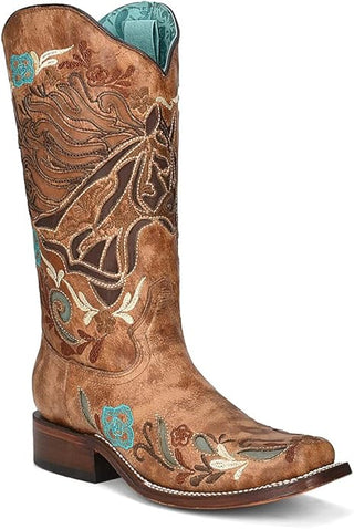 CORRAL LADIE'S SAND HORSE INLAY & MULTICOLOR EMBROIDERY SQ. TOE -A4266