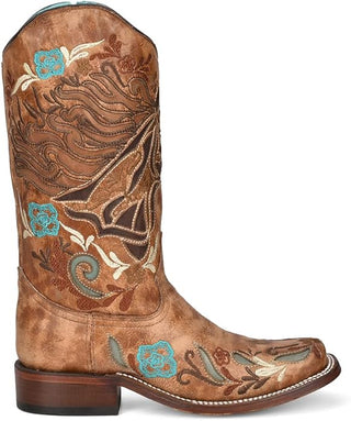 CORRAL LADIE'S SAND HORSE INLAY & MULTICOLOR EMBROIDERY SQ. TOE -A4266