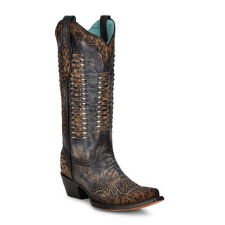 Corral® Ladies Black Leopard Print Overlay Studded Boots C3881