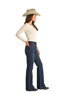 ROCK & ROLL DENIM WOMENS HIGH RISE SMILEY JEANS (DARK WASH) RRWD5HR0GG