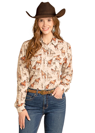 Panhandle Slim Women’s Horse Print Snap Shirt(Beige)-LWN2S07920