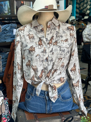 Panhandle Slim Women’s Horse Print Snap Shirt(Beige)-LWN2S07920
