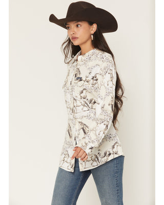WRANGLER RETRO WOMEN'S FLORAL HORSE CONVERSATIONAL PRINT LONG SLEEVE SNAP WESTERN SHIRT-112371692