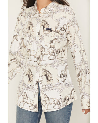 WRANGLER RETRO WOMEN'S FLORAL HORSE CONVERSATIONAL PRINT LONG SLEEVE SNAP WESTERN SHIRT-112371692